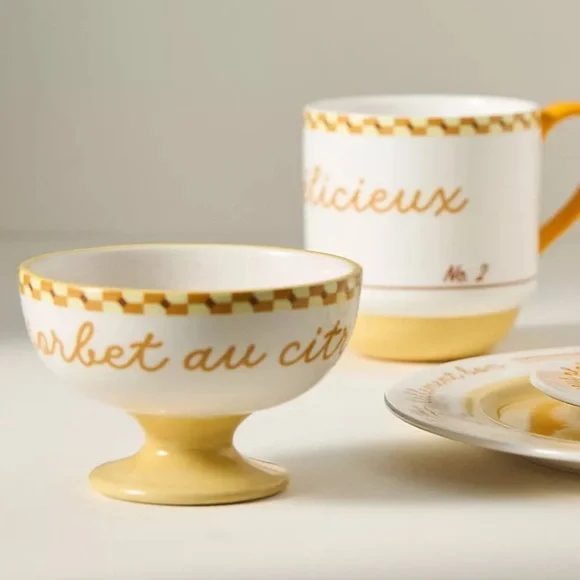 NWT Anthropologie Ice Cream Bowl Cafe Violette Handpainted Stoneware Yellow - Picture 6 of 8